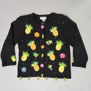 Jack B. Quick Petite M Black Cardigan Sweater Pineapples Palm Trees Grannycore